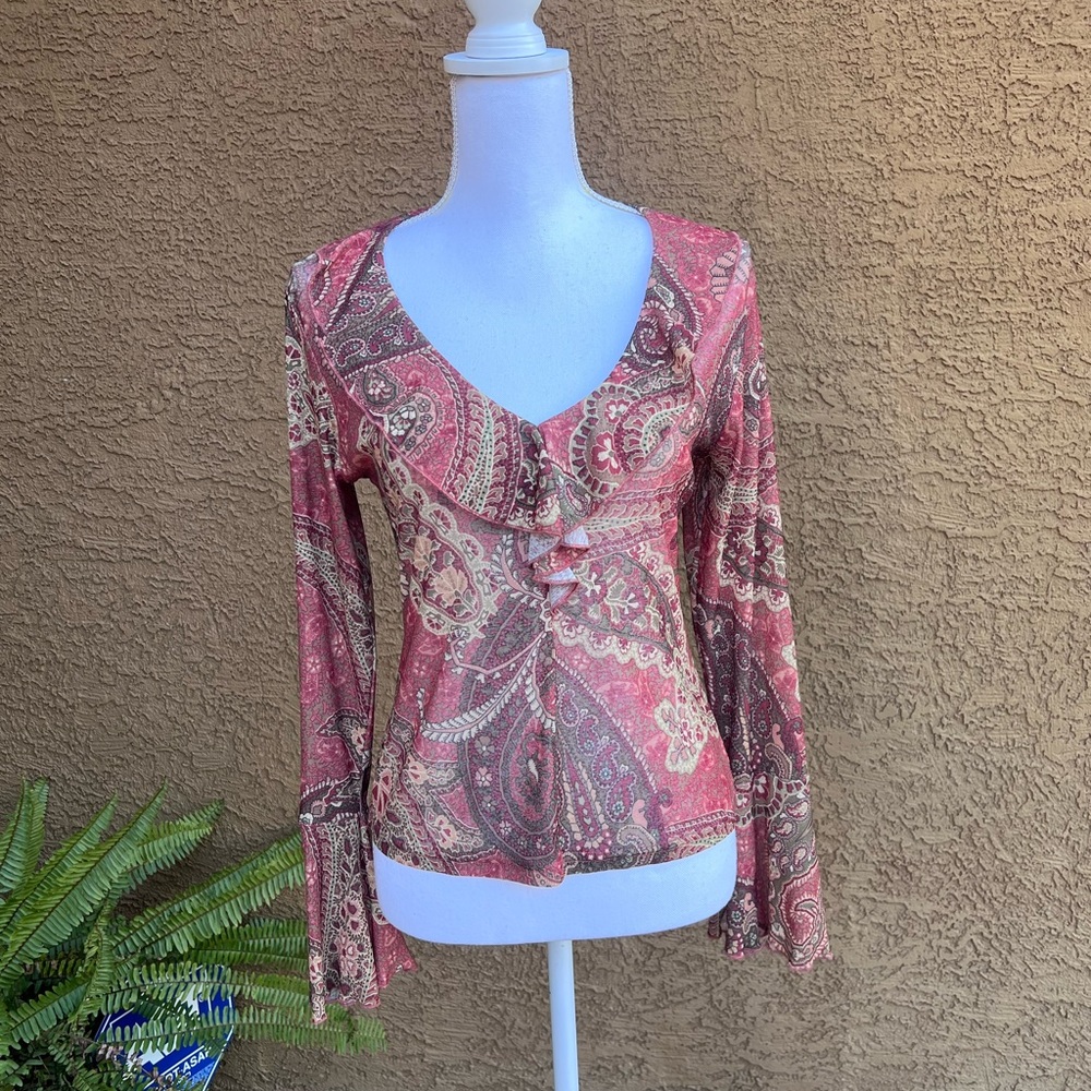 Elegant Paisley V-Neck Blouse - Pink and Brown